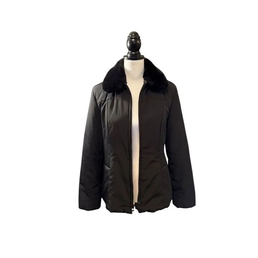 Jones New York Women's Black Jacket Faux Fur Collar Size Small